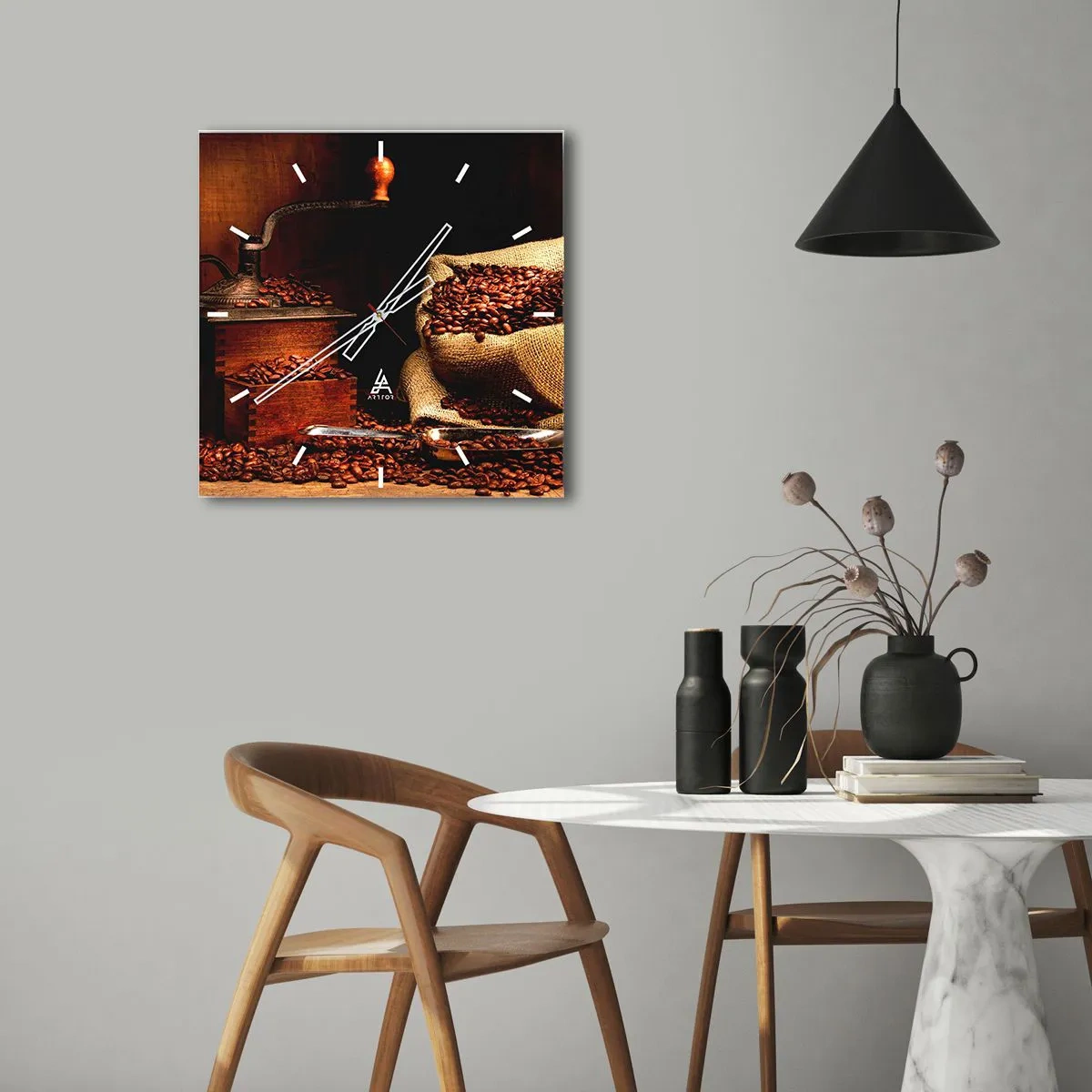 Orologio da parete - Orologio in Vetro - Natura morta con chicchi di caffè e macinino - 30x30 cm