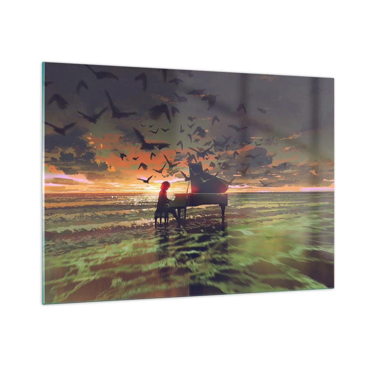 Quadro su vetro - Pianista che suona il pianoforte sulla spiaggia al tramonto - 100x70cm - Concerto per pianoforte e onde - Decorazione murale moderna per soggiorno e camera da letto ARTTOR