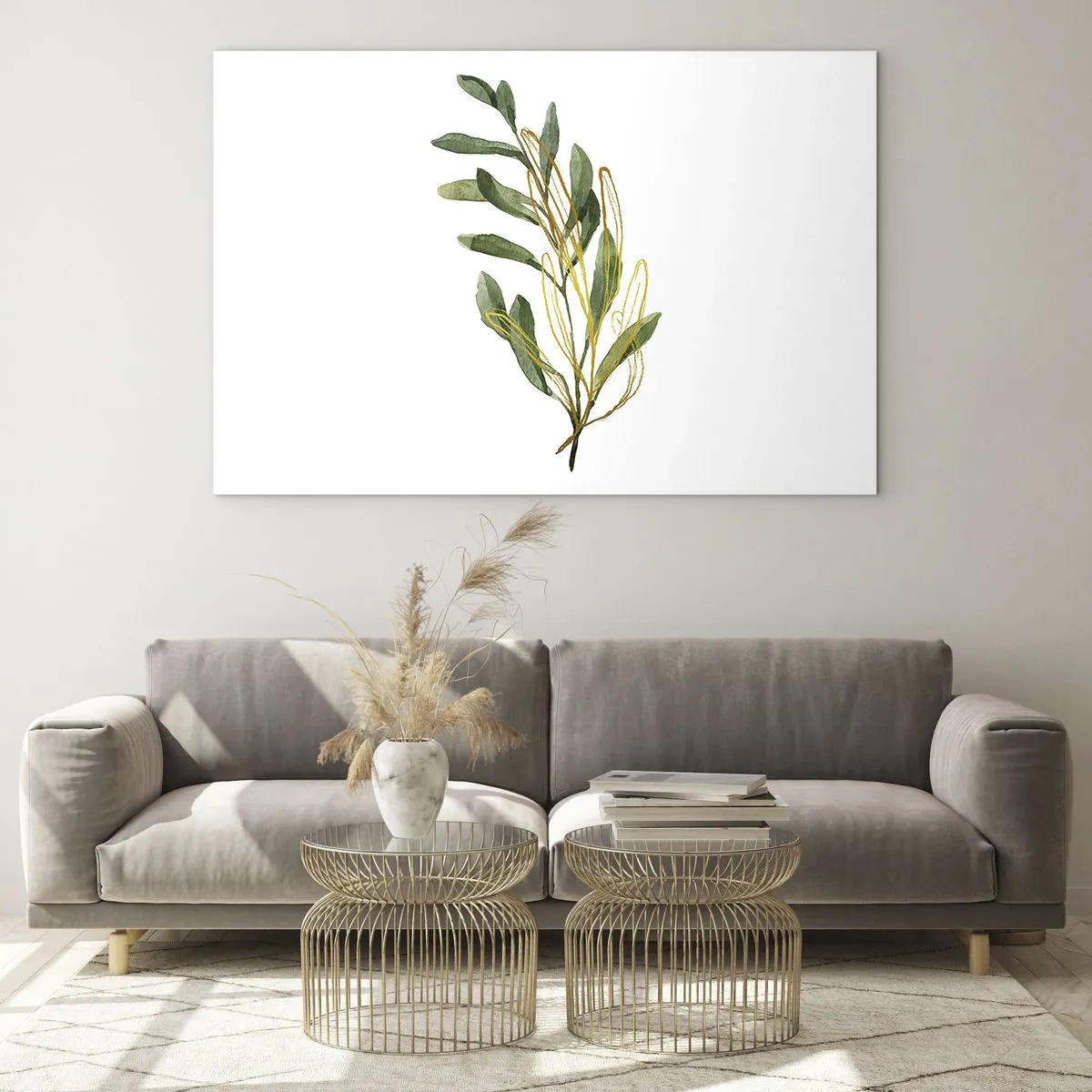 Quadro su vetro - Un ramo verde con un delicato accento dorato - 100x70cm - Tutto ciò che è buono - Decorazione murale moderna per soggiorno e camera da letto ARTTOR