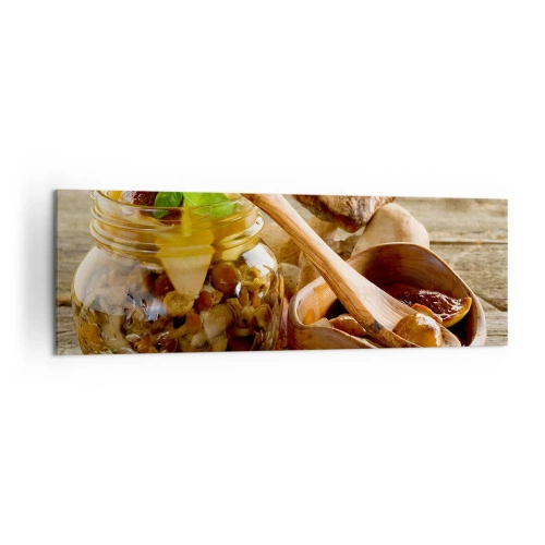 Quadro su tela - Stampe su Tela - Funghi naturali in un barattolo su un tavolo rustico - 160x50cm - Freschi, conservati, autunnali... - Decorazione murale moderna per soggiorno e camera da letto ARTTOR