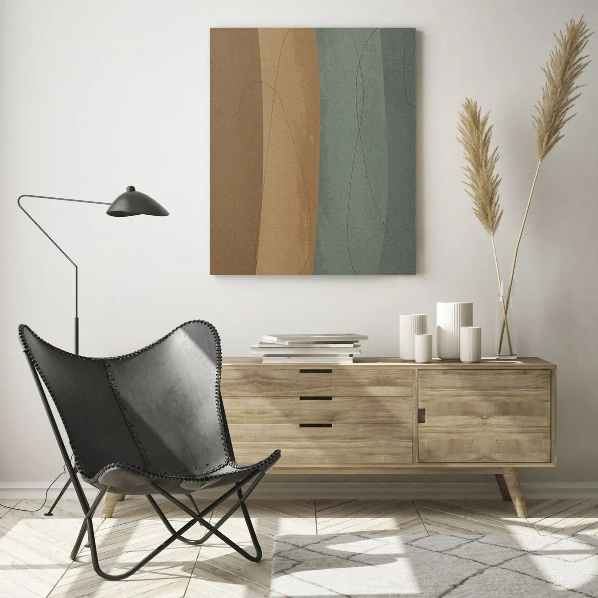 Quadro su vetro - Strisce astratte nei toni della terra - 50x70cm - Composizione orizzontale - Decorazione murale moderna per soggiorno e camera da letto ARTTOR