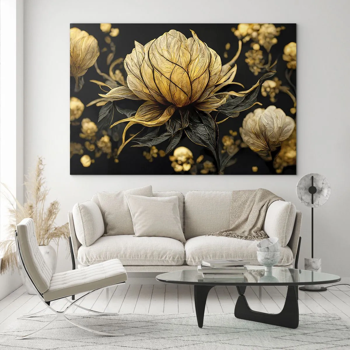 Quadro su vetro - Fiori dorati su sfondo nero in una composizione elegante - 100x70cm - Delicata fragilità - Decorazione murale moderna per soggiorno e camera da letto ARTTOR