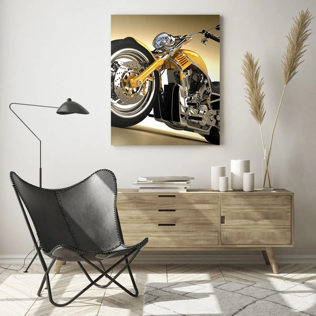 Quadro su vetro - Una motocicletta personalizzata dorata su uno sfondo chiaro - 50x70cm - Sogno di forza e di velocità - Decorazione murale moderna per soggiorno e camera da letto ARTTOR