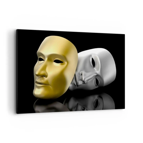 Quadro su tela - Stampe su Tela - Maschera in oro e argento su sfondo nero - 100x70cm - La vita è teatro - Decorazione murale moderna per soggiorno e camera da letto ARTTOR