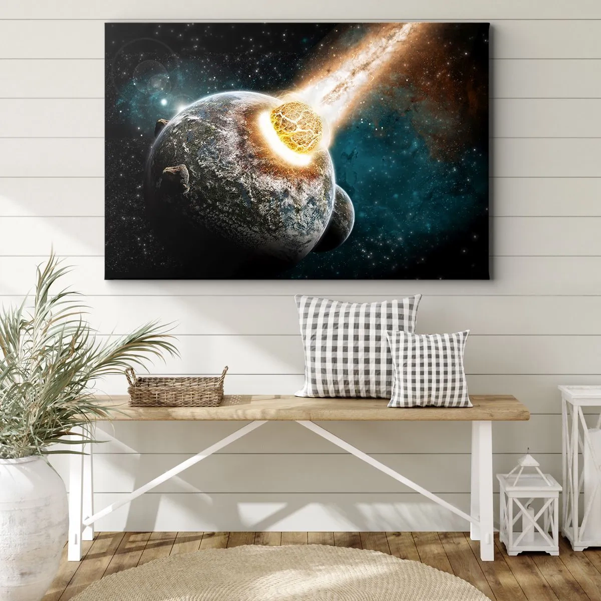 Quadro su tela - Stampe su Tela - Collisione cosmica di un pianeta con un asteroide nelle vicinanze della galassia. - 120x80cm - Estinzione o nascita? - Decorazione murale moderna per soggiorno e camera da letto ARTTOR