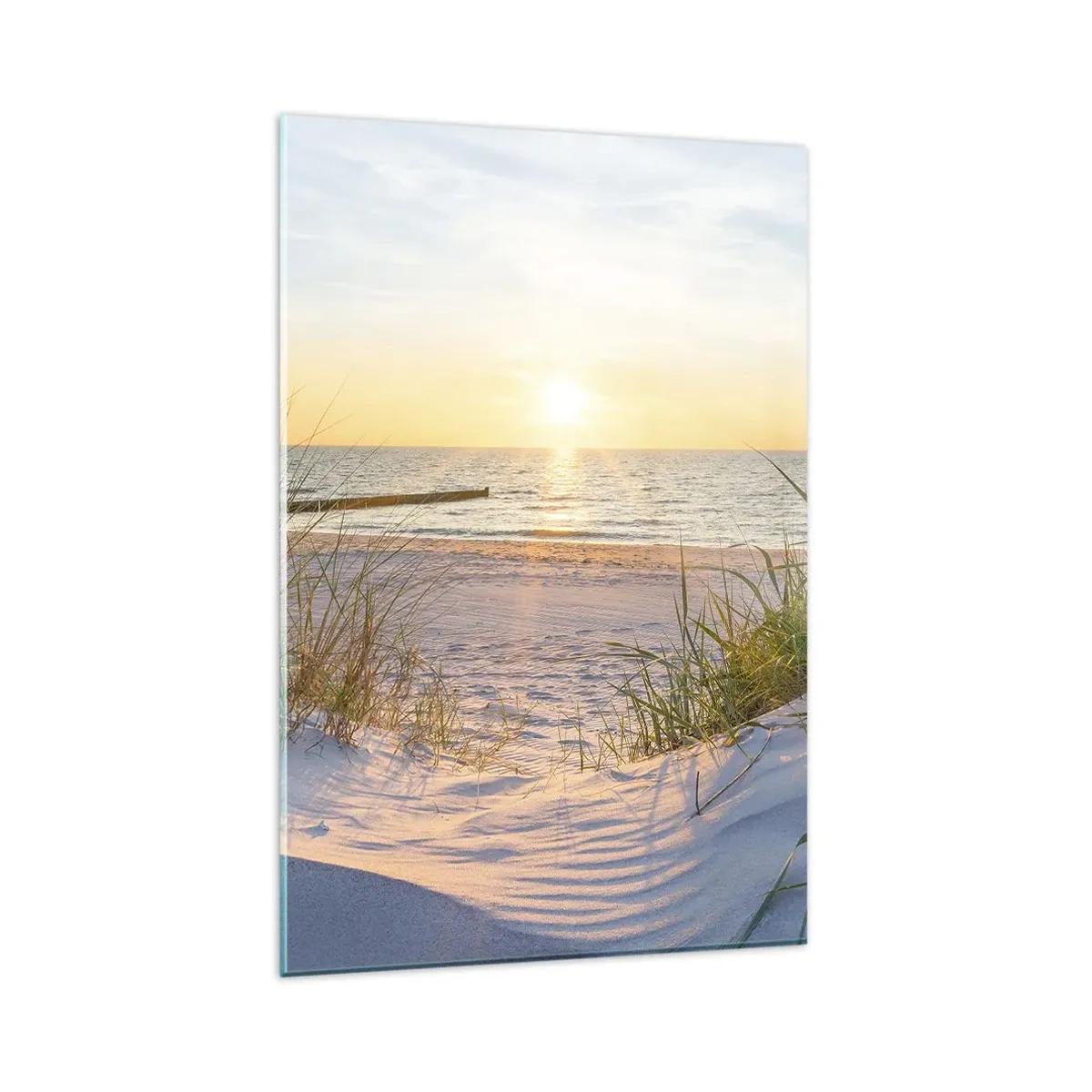 Quadro su vetro - Una spiaggia sabbiosa con vista sul tramonto sul mare - 80x120cm - Rumore del mare, uccelli che cantano, spiaggia selvatica tra i cespugli... - Decorazione murale moderna per soggiorno e camera da letto ARTTOR