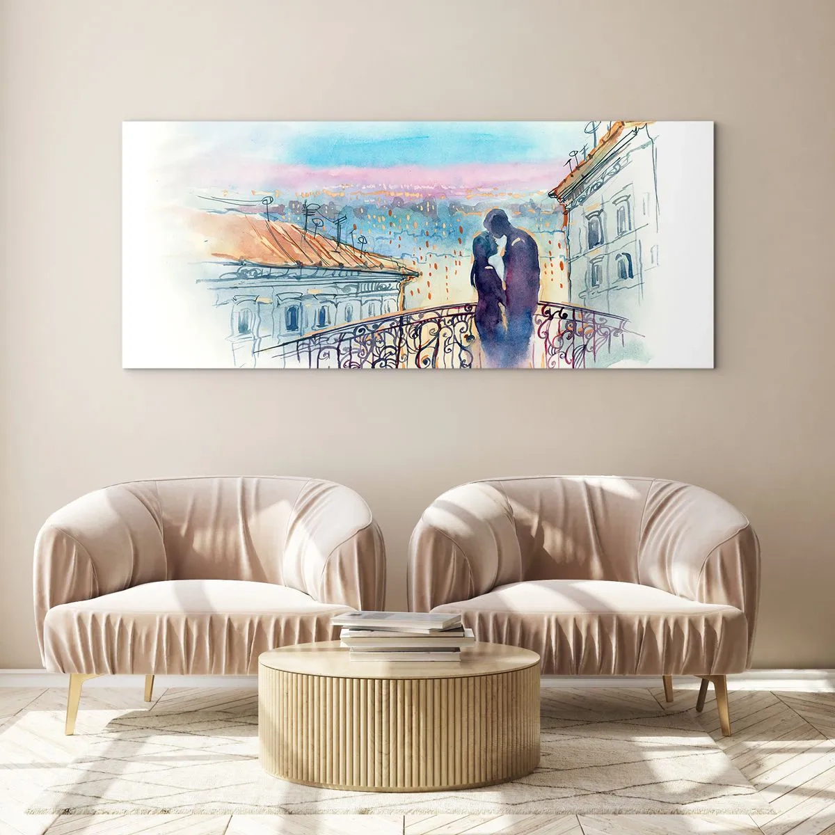 Quadro su vetro - Coppia romantica su un balcone con vista sulla città - 160x50cm - Amanti parigini - Decorazione murale moderna per soggiorno e camera da letto ARTTOR