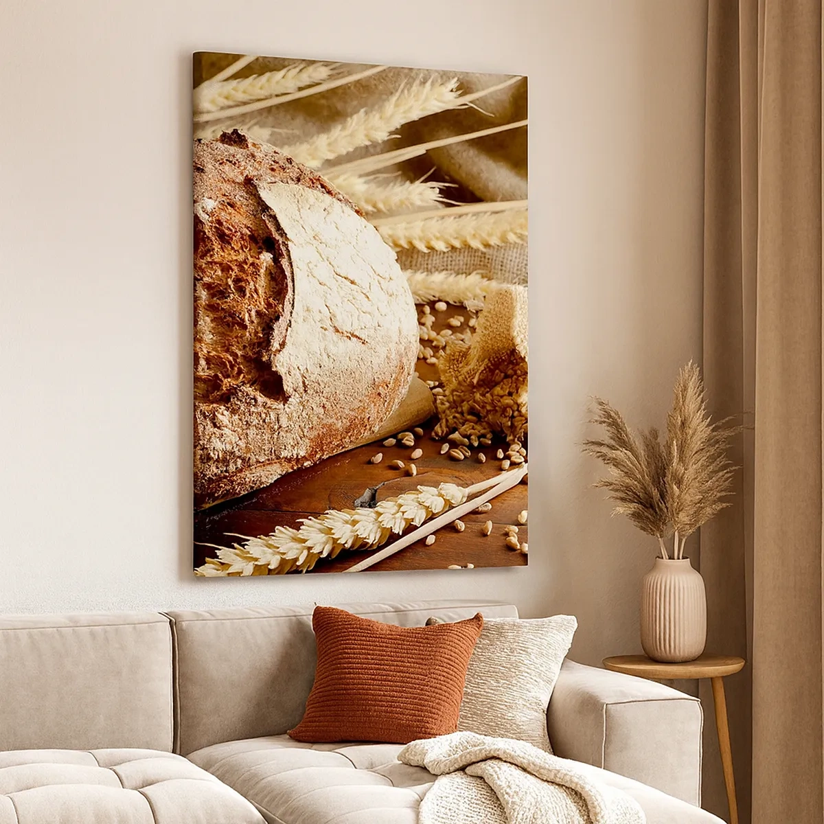 Quadro su tela - Stampe su Tela - Pane croccante con cereali e spighe di grano su fondo in legno - 50x70cm - Appetitoso, profumato, croccante - Decorazione murale moderna per soggiorno e camera da letto ARTTOR