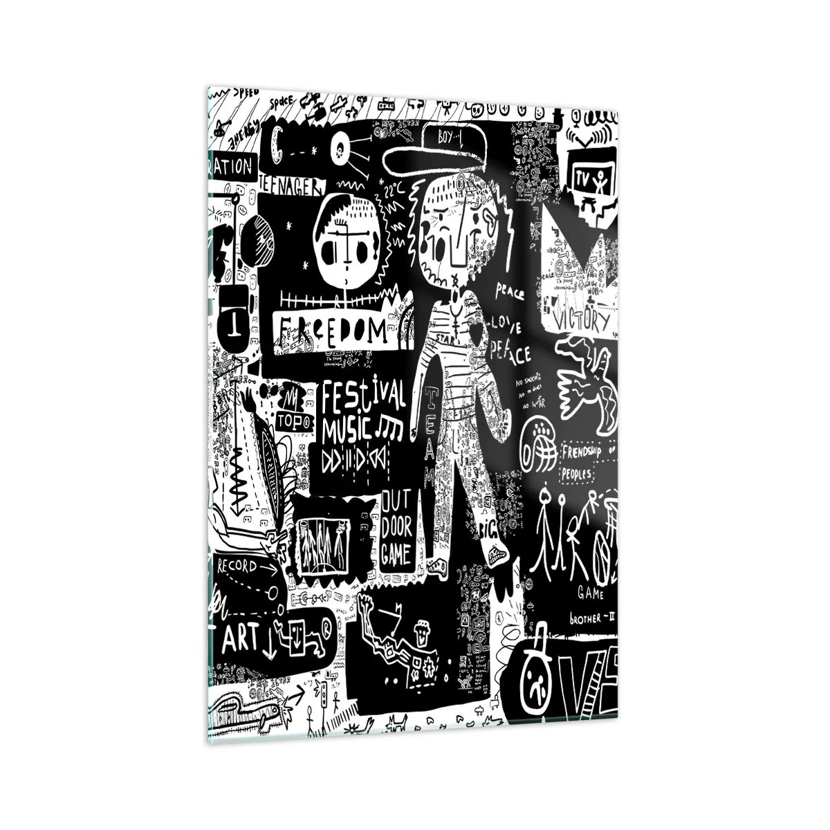 Quadro su vetro - Grafica in stile street art in bianco e nero con personaggi e simboli - 50x70cm - Gioventù spirituale di giustizia e gioia - Decorazione murale moderna per soggiorno e camera da letto ARTTOR