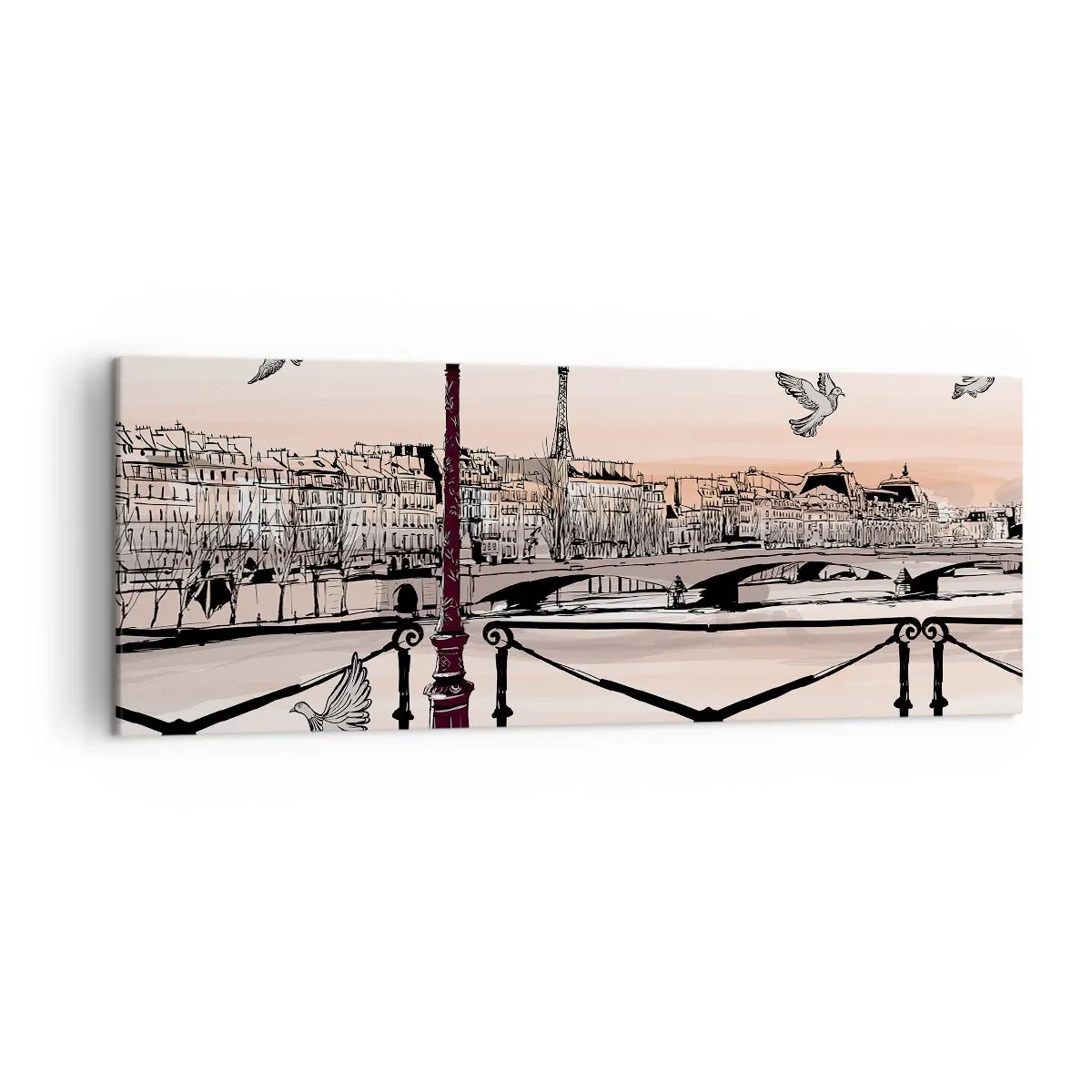 Quadro su tela - Stampe su Tela - Veduta parigina con lanterna e ponte - 140x50cm - Sui tetti di Parigi - Decorazione murale moderna per soggiorno e camera da letto ARTTOR