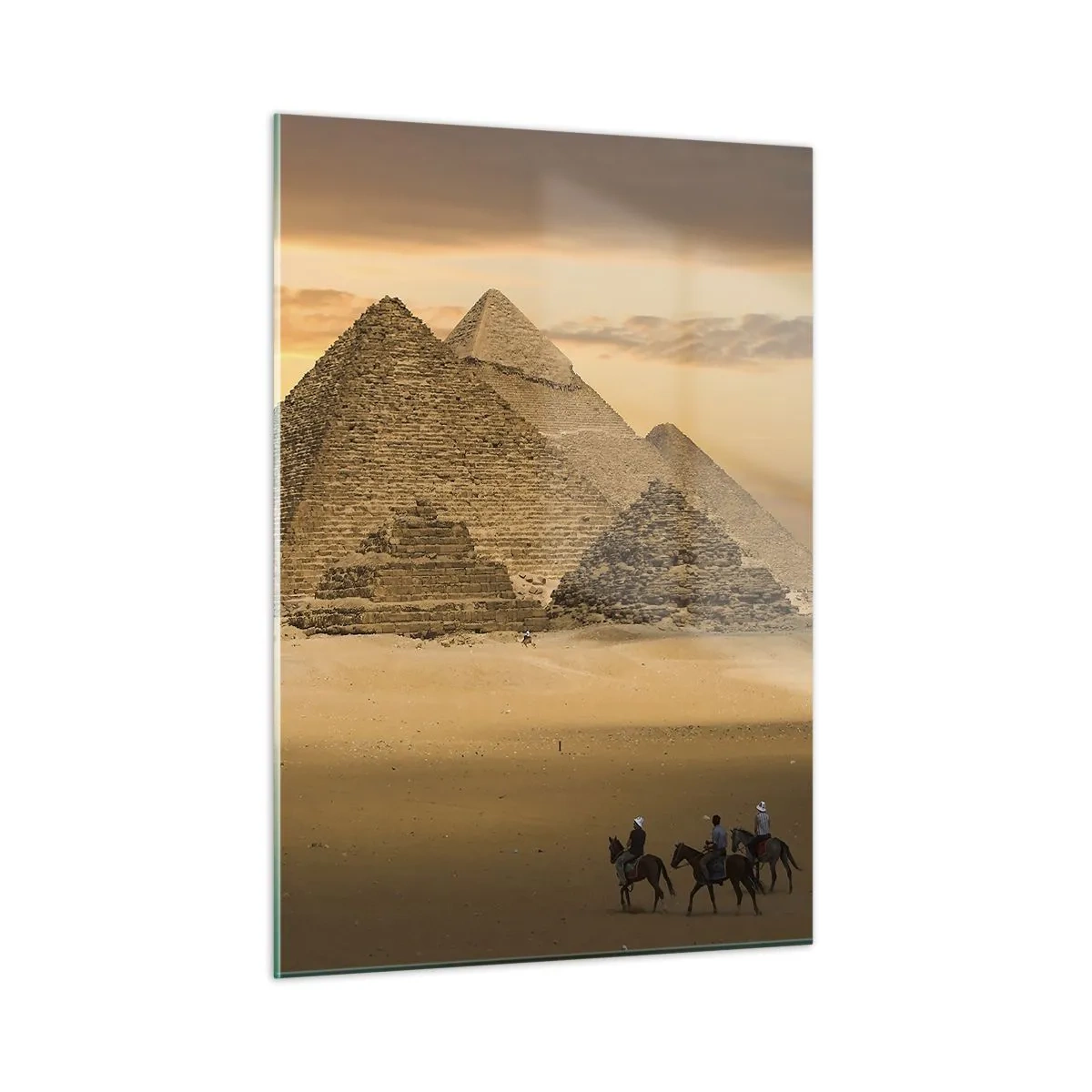 Quadro su vetro - Le Piramidi di Giza al tramonto con cavalieri a cavallo - 50x70cm - Immutabili da migliaia di anni - Decorazione murale moderna per soggiorno e camera da letto ARTTOR
