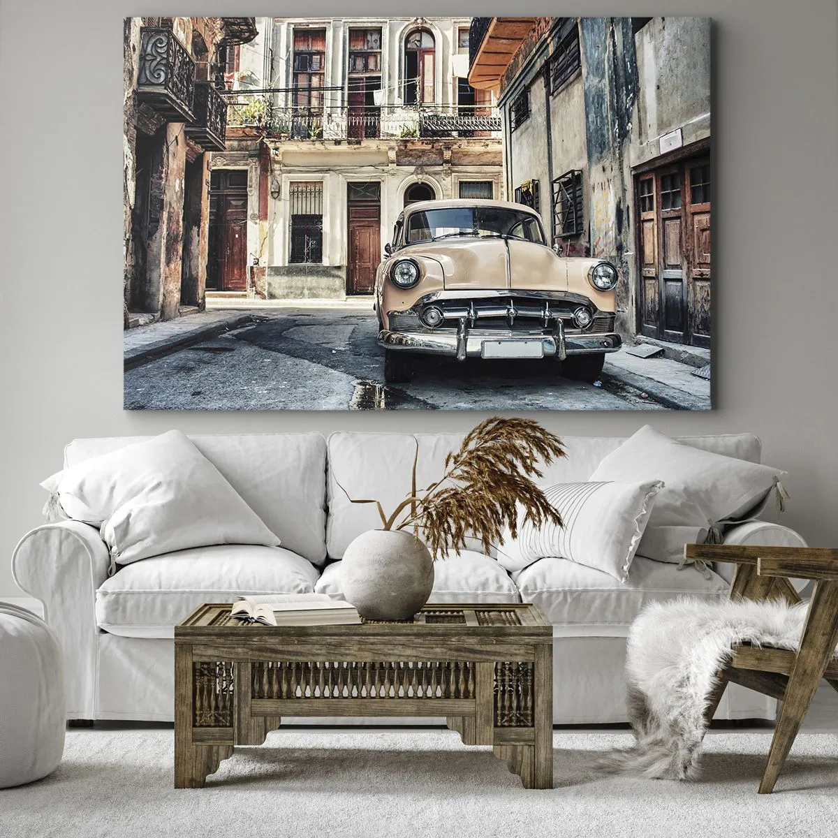 Quadro su tela - Stampe su Tela - Un'auto d'epoca sullo sfondo dell'architettura urbana - 120x80cm - Siesta all'Avana - Decorazione murale moderna per soggiorno e camera da letto ARTTOR