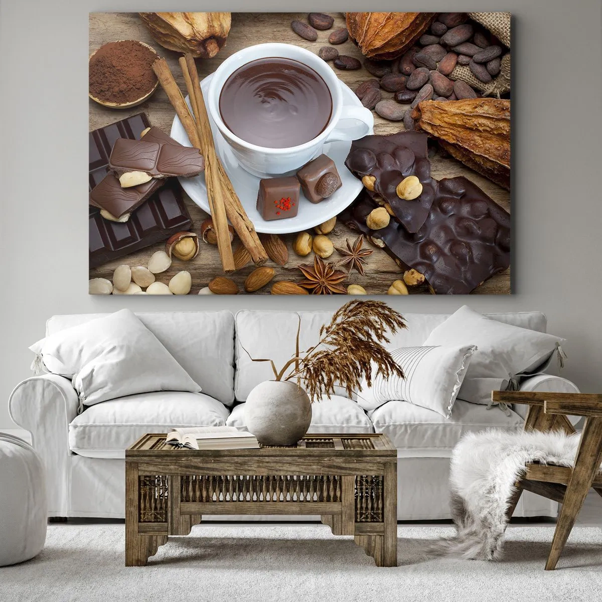Quadro su tela - Stampe su Tela - Una tazza di cioccolata calda circondata da ingredienti per dessert - 70x50cm - Dalla fantastica fabbrica di cioccolato - Decorazione murale moderna per soggiorno e camera da letto ARTTOR