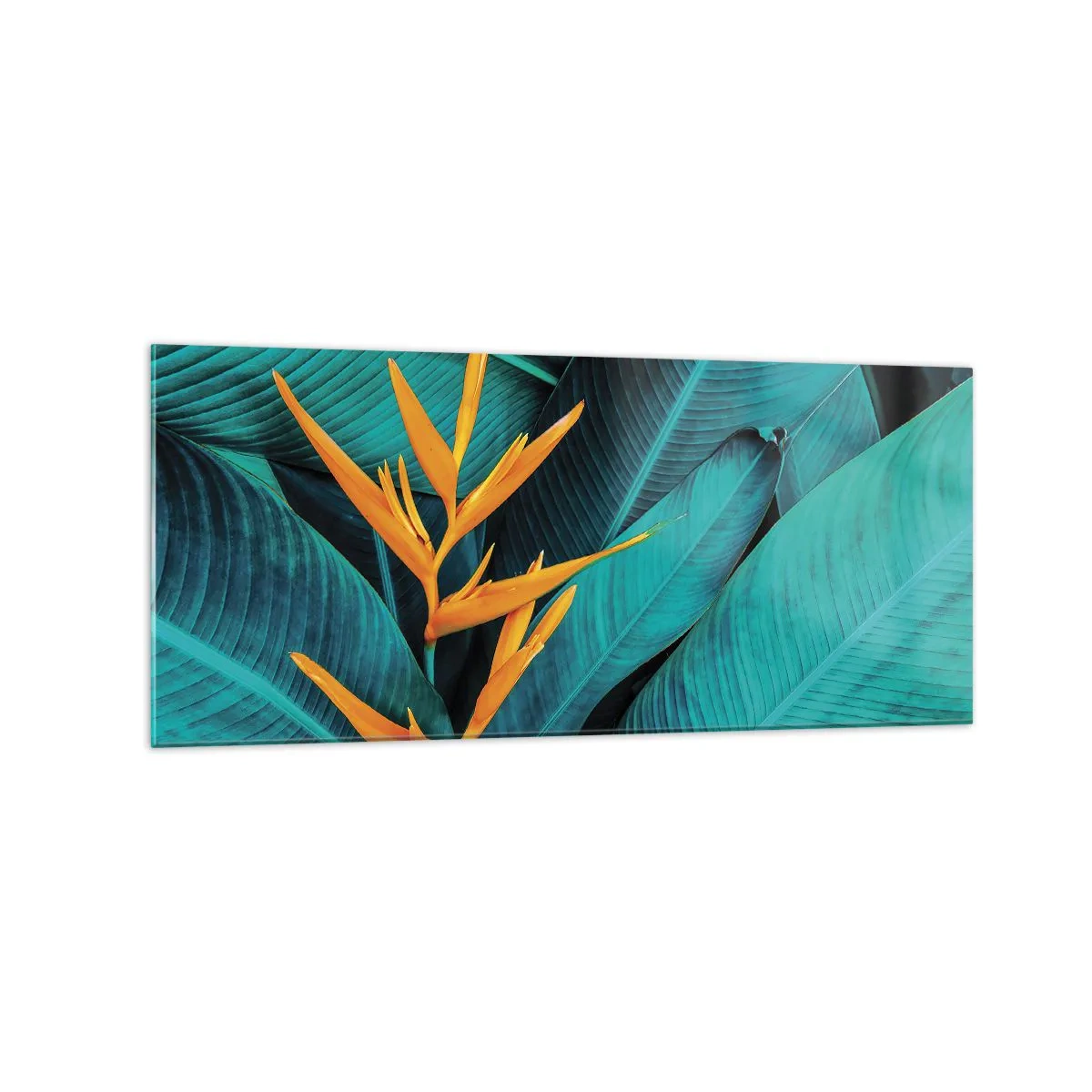 Quadro su vetro - Un fiore esotico su uno sfondo di foglie di banano in tonalità turchesi. - 120x50cm - Il fiore dell'Eden - Decorazione murale moderna per soggiorno e camera da letto ARTTOR