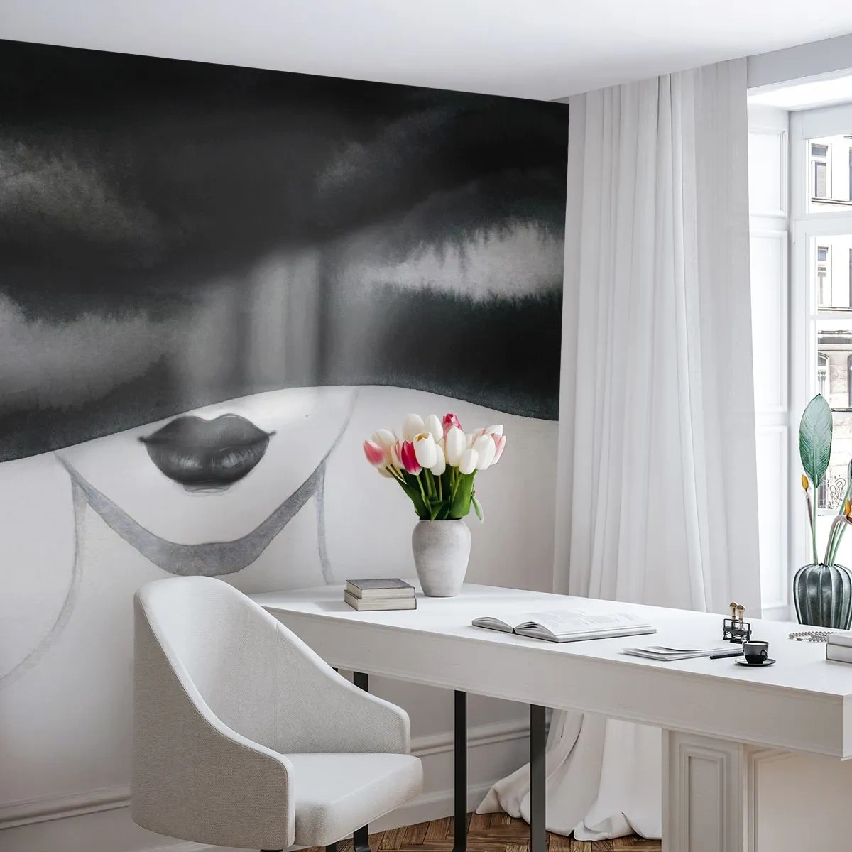 Fotomurali Premium Canvas - Il segreto dei sensi - Donna In Un Cappello, Modello, Bianco e nero - 350x256 cm