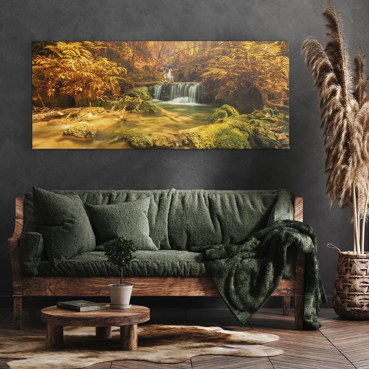 Quadro su tela - Stampe su Tela - Cascata boschiva in oro - 90x30 cm