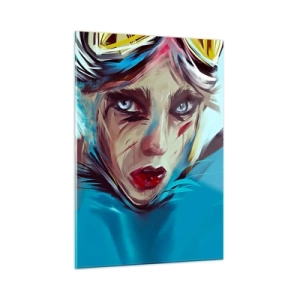 Quadro su vetro - Ritratto di donna con occhiali e pennellate blu - 50x70cm - La guerriera della strada - Decorazione murale moderna per soggiorno e camera da letto ARTTOR