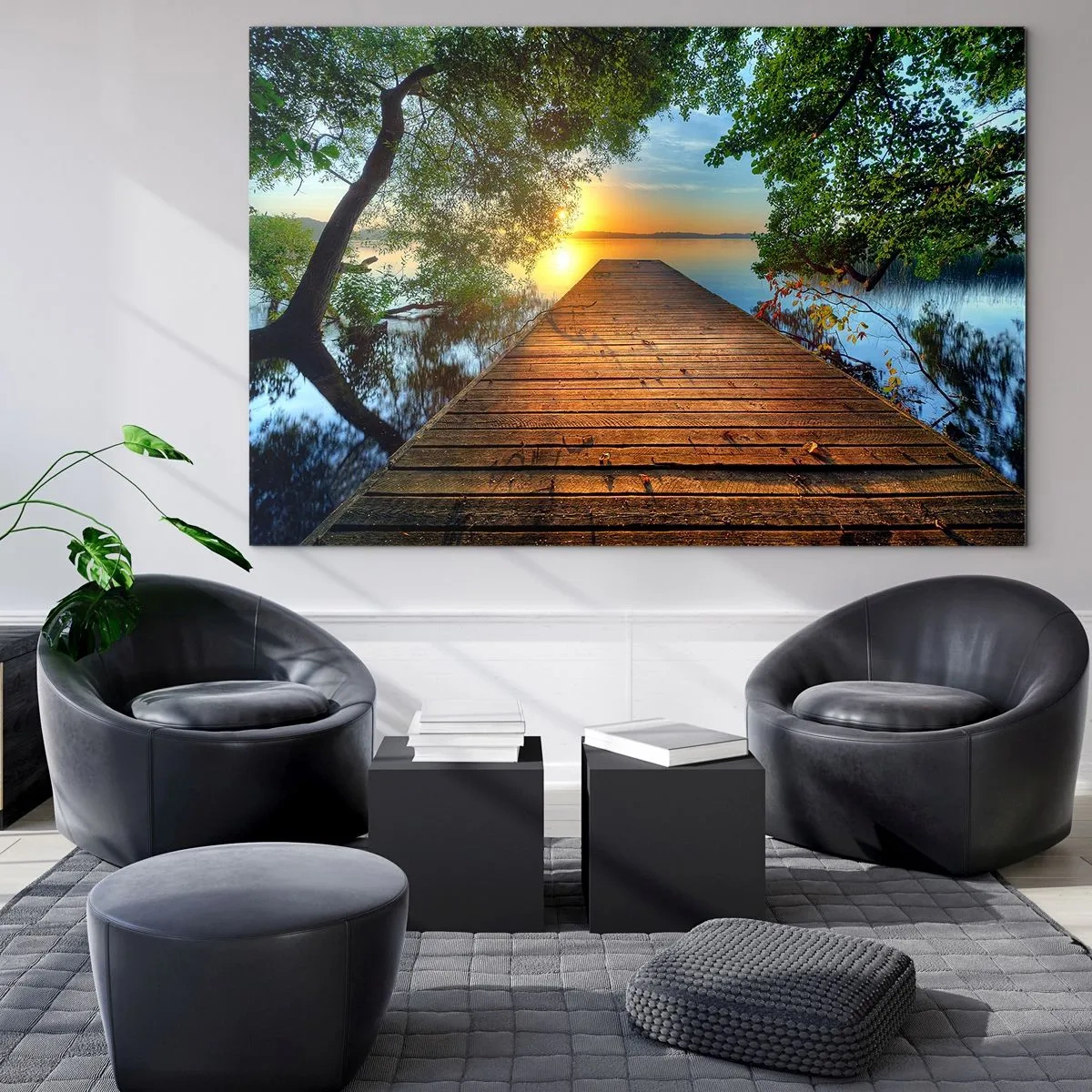 Quadro su vetro - Molo di legno sul lago al tramonto - 100x70cm - Non avere fretta, siediti - Decorazione murale moderna per soggiorno e camera da letto ARTTOR