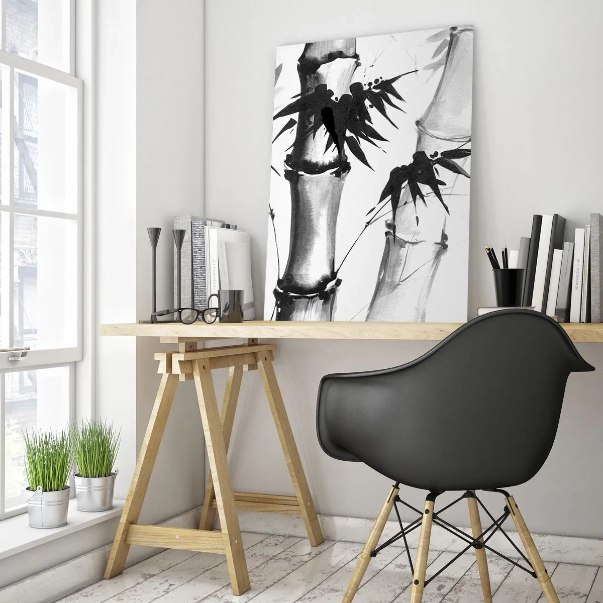 Quadro su vetro - Bambù acquerello in stile giapponese su sfondo bianco - 70x100cm - Particolare d'oriente - Decorazione murale moderna per soggiorno e camera da letto ARTTOR