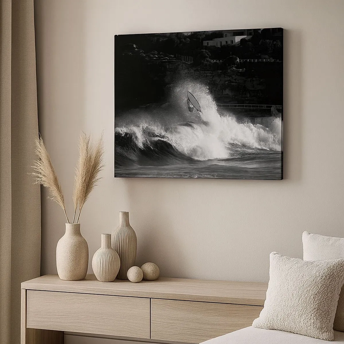 Quadro su tela - Stampe su Tela - Un surfista che cavalca un'onda in bianco e nero - 70x50cm - Sfida accettata! - Decorazione murale moderna per soggiorno e camera da letto ARTTOR