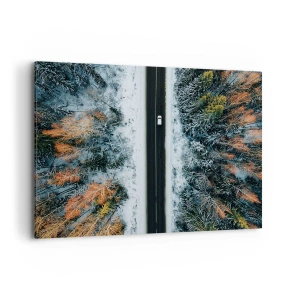 Quadro su tela - Stampe su Tela - Una strada attraverso una foresta invernale vista da una prospettiva a volo d'uccello - 100x70cm - Tagliando la foresta invernale - Decorazione murale moderna per soggiorno e camera da letto ARTTOR