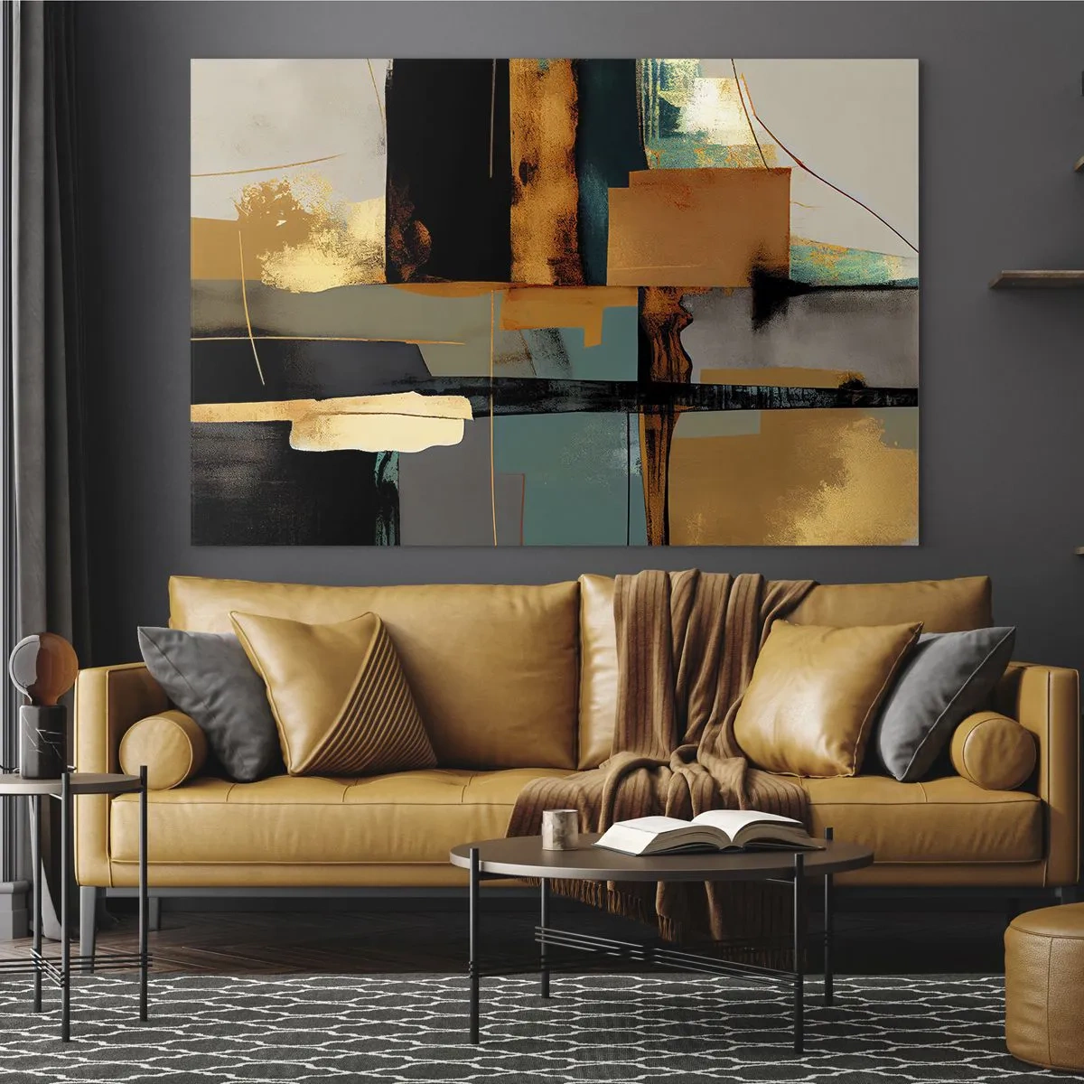 Quadro su vetro - Astrazione moderna con contrasto di oro, nero e turchese - 70x50cm - Astrazione: luci e ombre - Decorazione murale moderna per soggiorno e camera da letto ARTTOR