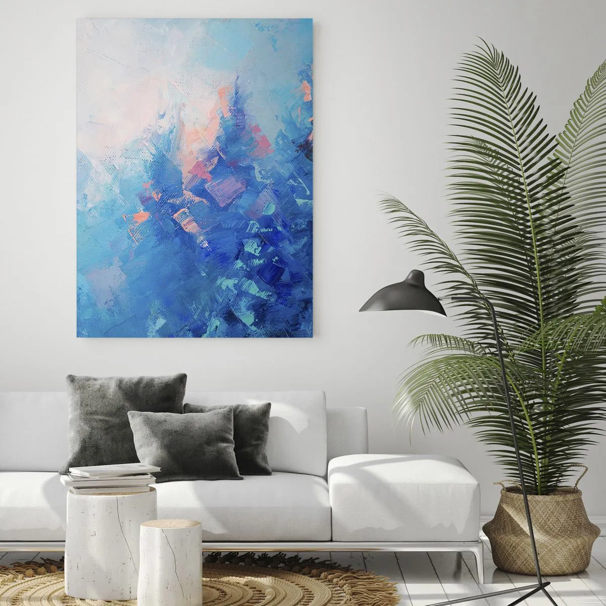 Quadro su vetro - Composizione astratta nei toni del blu e del rosa - 80x120cm - Astrazione invernale - Decorazione murale moderna per soggiorno e camera da letto ARTTOR