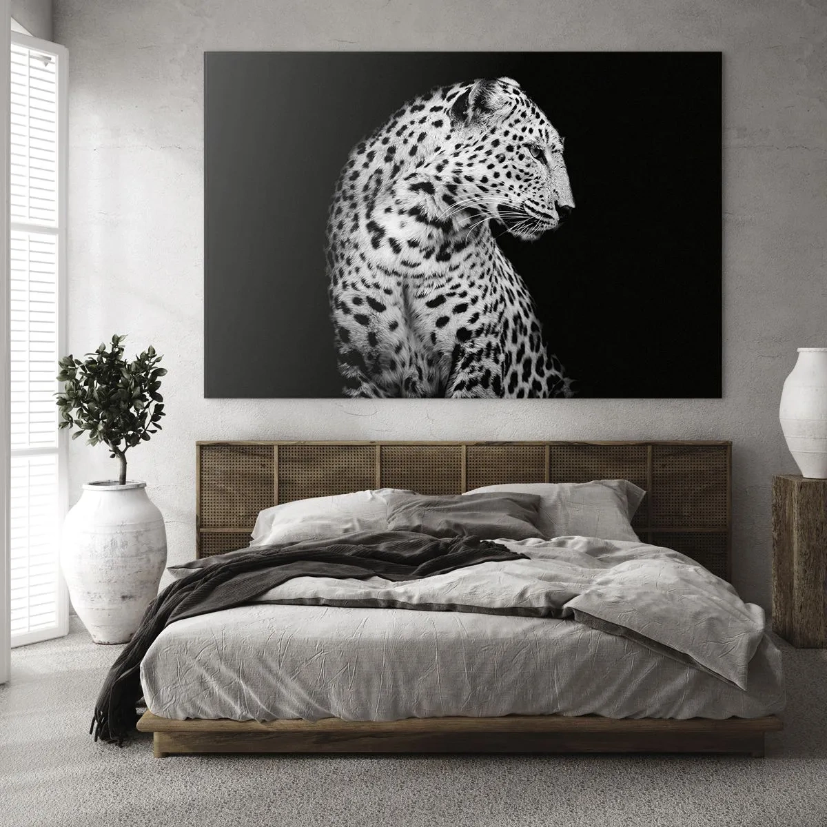Quadro su vetro - Un leopardo in luce bianca e nera contro una finestra - 100x70cm - Profilo destro perfetto! - Decorazione murale moderna per soggiorno e camera da letto ARTTOR