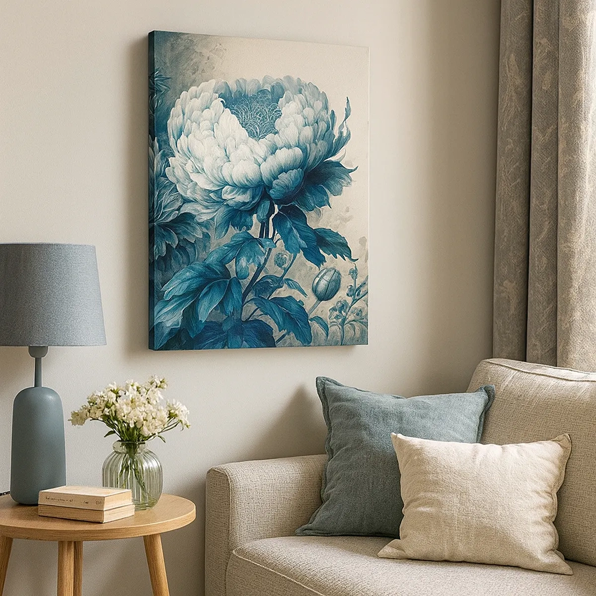 Quadro su tela - Stampe su Tela - Peonie blu su uno sfondo tenue con un motivo delicato - 50x70cm - Coppia perfetta - Decorazione murale moderna per soggiorno e camera da letto ARTTOR