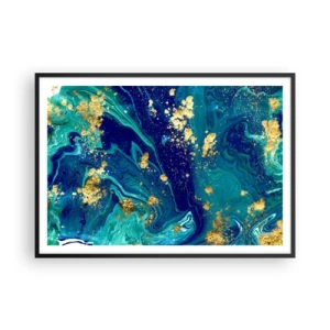 Poster in cornice nera - Una composizione astratta con accenti blu, verdi e dorati. - 100x70cm - Petali di sole - Decorazione murale moderna per soggiorno e camera da letto ARTTOR