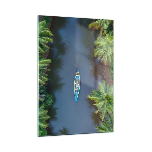 Quadro su vetro - Vista dall'alto di una barca che naviga attraverso un canale tra palme tropicali - 50x70cm - Sul percorso tropicale - Decorazione murale moderna per soggiorno e camera da letto ARTTOR