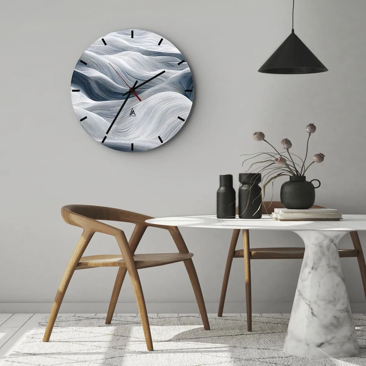 Orologio da parete - Orologio in Vetro - Linee grafiche e ondulate nei toni del bianco e del blu - 30x30cm - Onde bianche e blu - Decorazione murale moderna per soggiorno, cucina e camera da letto ARTTOR
