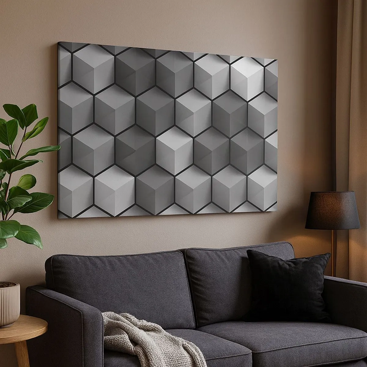Quadro su tela - Stampe su Tela - Composizione geometrica di cubi nelle tonalità del grigio e del nero - 70x50cm - Puzzle cubista - Decorazione murale moderna per soggiorno e camera da letto ARTTOR