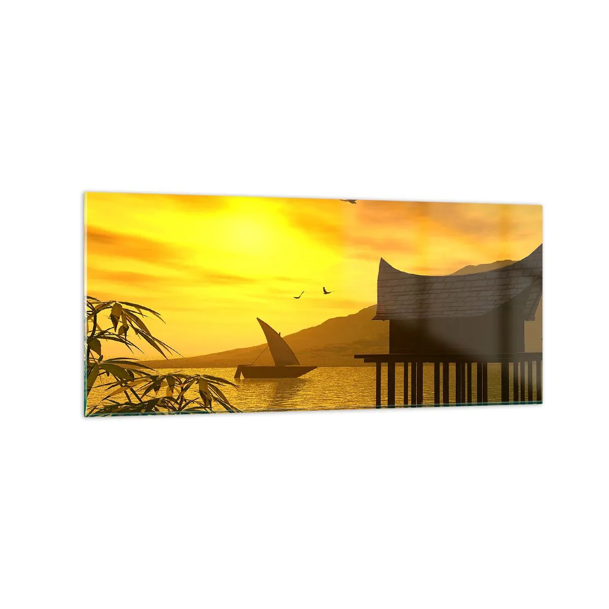 Quadro su vetro - Tramonto tropicale sull'acqua con casa in legno su palafitte. - 120x50cm - Calma desiderata - Decorazione murale moderna per soggiorno e camera da letto ARTTOR