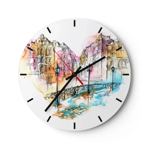 Orologio da parete - Orologio in Vetro - Un panorama cittadino colorato con un ponte ed eleganti lanterne in acquerello. - 30x30cm - Il cuore della città - Decorazione murale moderna per soggiorno, cucina e camera da letto ARTTOR