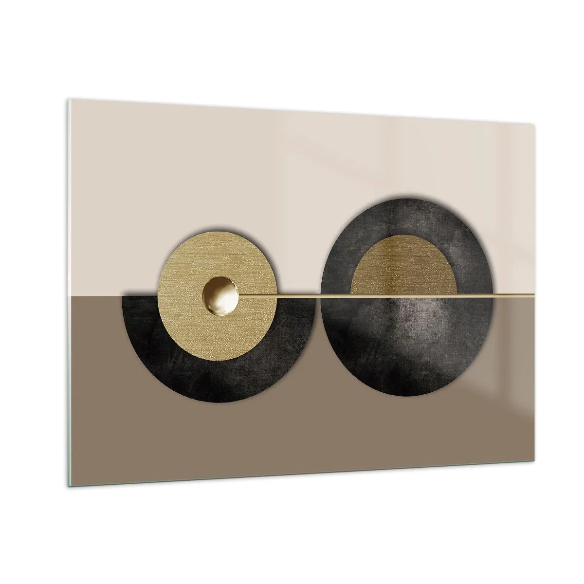Quadro su vetro - Cerchi geometrici in oro e nero su sfondo beige - 100x70cm - Variazioni attorno al cerchio - Decorazione murale moderna per soggiorno e camera da letto ARTTOR
