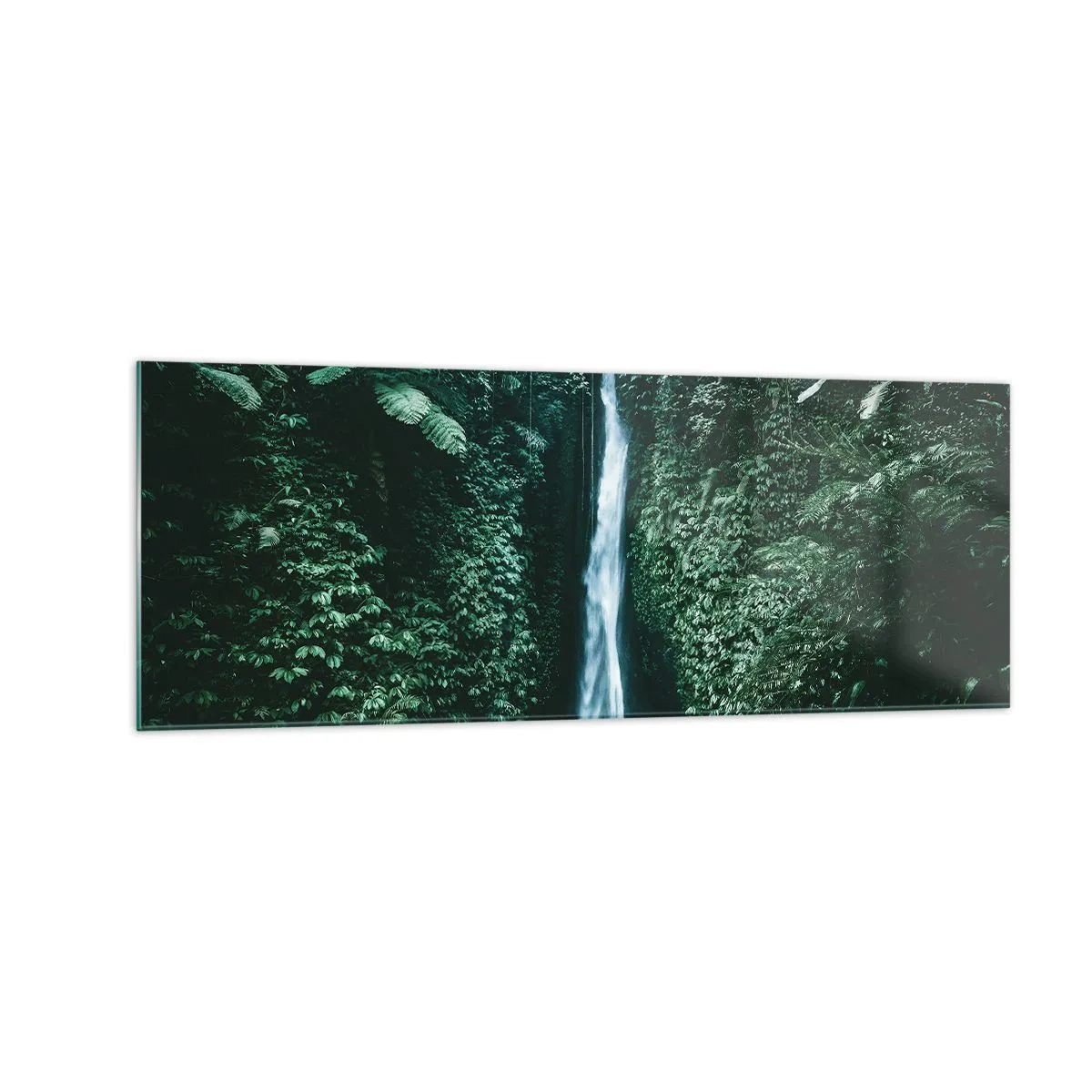 Quadro su vetro - Una cascata circondata da una fitta vegetazione tropicale - 140x50cm - Terme tropicali - Decorazione murale moderna per soggiorno e camera da letto ARTTOR