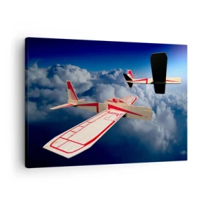 Quadro su tela - Stampe su Tela - Due aeroplani di legno che sorvolano le nuvole contro un cielo azzurro. - 70x50cm - Più in alto, più lontano - Decorazione murale moderna per soggiorno e camera da letto ARTTOR