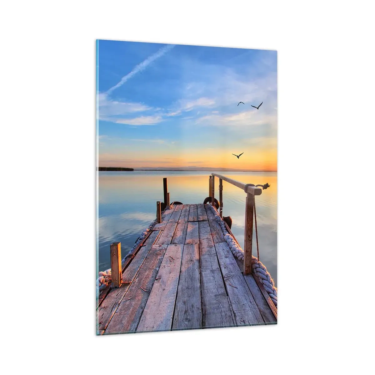 Quadro su vetro - Molo di legno al tramonto su un lago calmo - 80x120cm - Camminando verso il sole - Decorazione murale moderna per soggiorno e camera da letto ARTTOR