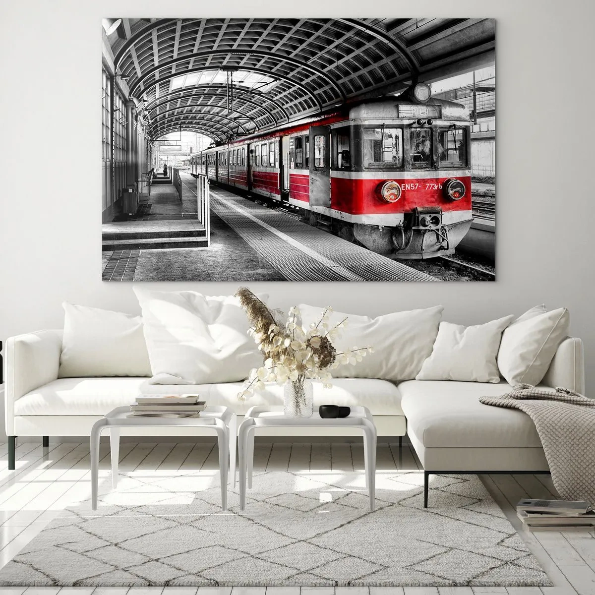 Quadro su vetro - Trenino rosso alla stazione sotto un tetto - 100x70cm - Sarà il viaggio della propria vita? - Decorazione murale moderna per soggiorno e camera da letto ARTTOR