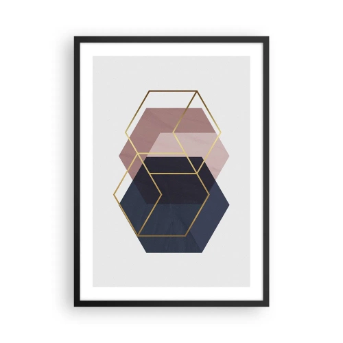 Poster in cornice nera - Forme geometriche dorate su uno sfondo nei toni del blu navy e del rosa - 50x70cm - La forza della semplicità - Decorazione murale moderna per soggiorno e camera da letto ARTTOR
