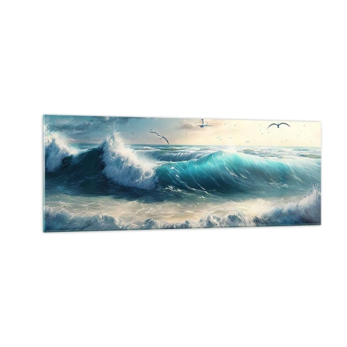 Quadro su vetro - Onde del mare sulla spiaggia sotto un cielo azzurro con gabbiani - 140x50cm - Mormora solo per te - Decorazione murale moderna per soggiorno e camera da letto ARTTOR