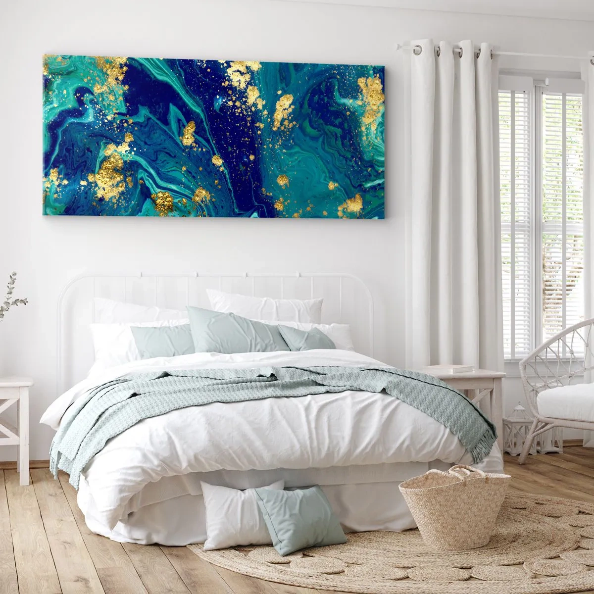 Quadro su tela - Stampe su Tela - Una composizione astratta con accenti blu, verdi e dorati. - 120x50cm - Petali di sole - Decorazione murale moderna per soggiorno e camera da letto ARTTOR