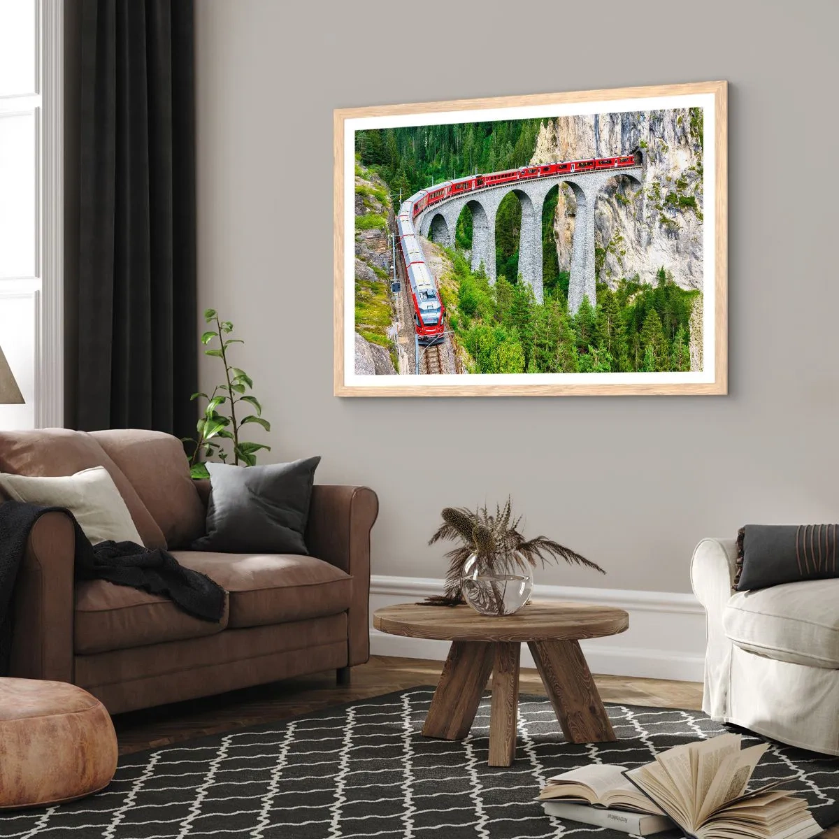 Poster in cornice rovere chiaro - Il treno tra i monti - 100x70 cm