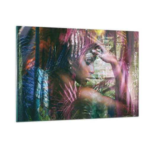Quadro su vetro - Ritratto di donna tra foglie tropicali e riflessi di luce. - 120x80cm - Madre Natura nella giungla - Decorazione murale moderna per soggiorno e camera da letto ARTTOR