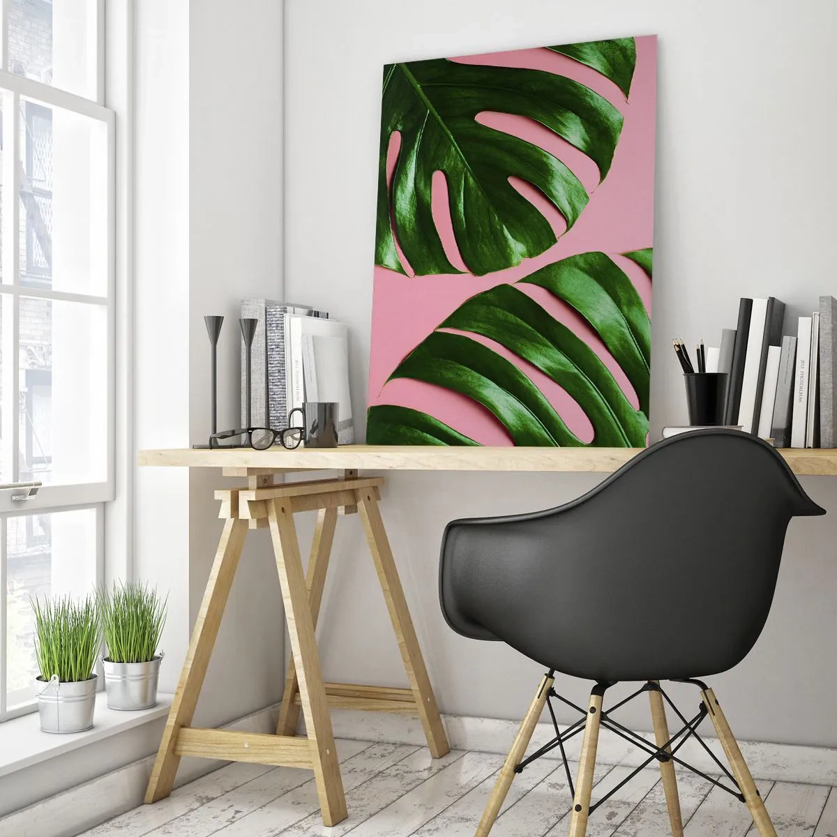 Quadro su vetro - Foglie di monstera verdi su sfondo rosa - 80x120cm - Appuntamento in verde - Decorazione murale moderna per soggiorno e camera da letto ARTTOR