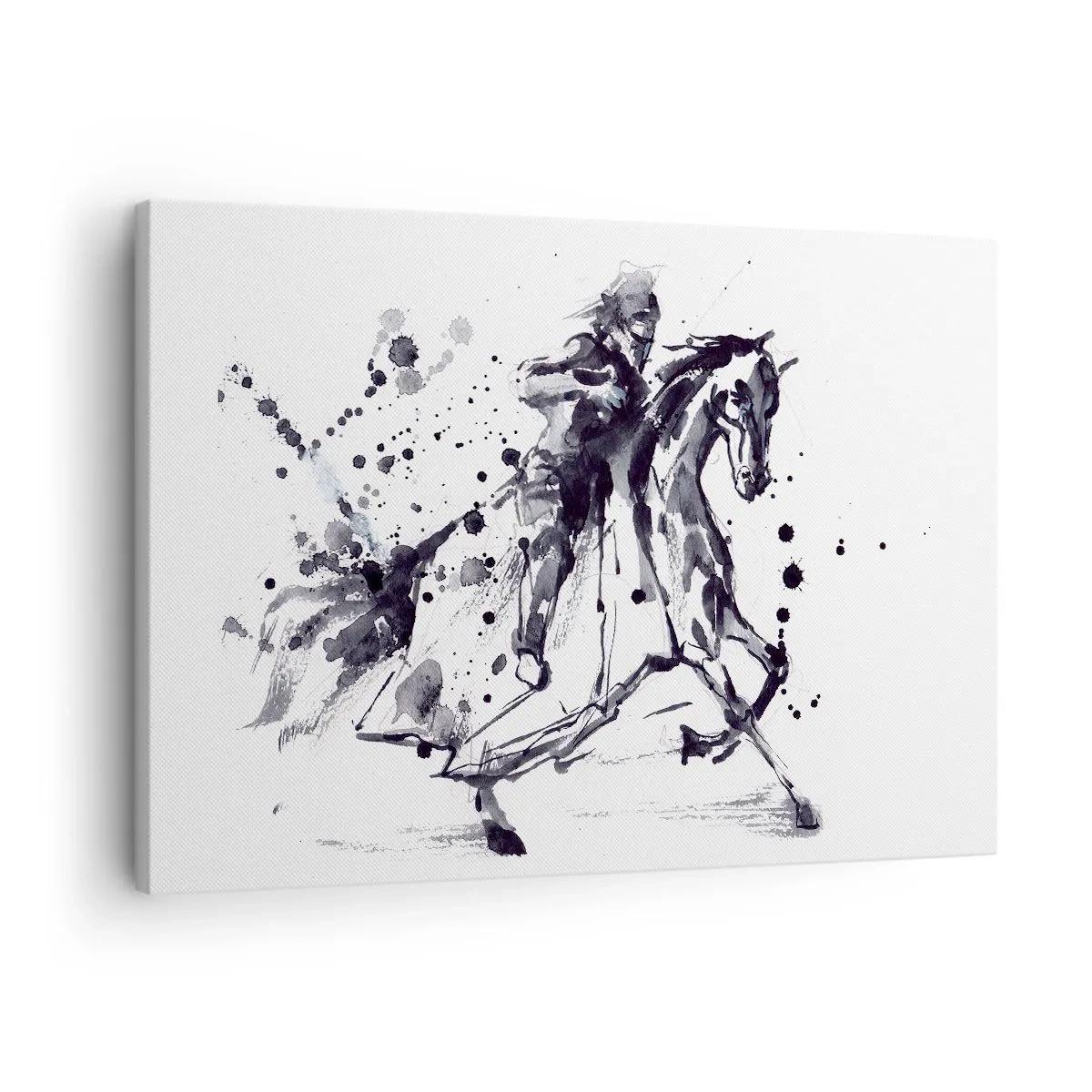 Quadro su tela - Stampe su Tela - Acquerello in bianco e nero di un cavaliere su un cavallo al galoppo - 70x50cm - Il cavaliere nero - Decorazione murale moderna per soggiorno e camera da letto ARTTOR
