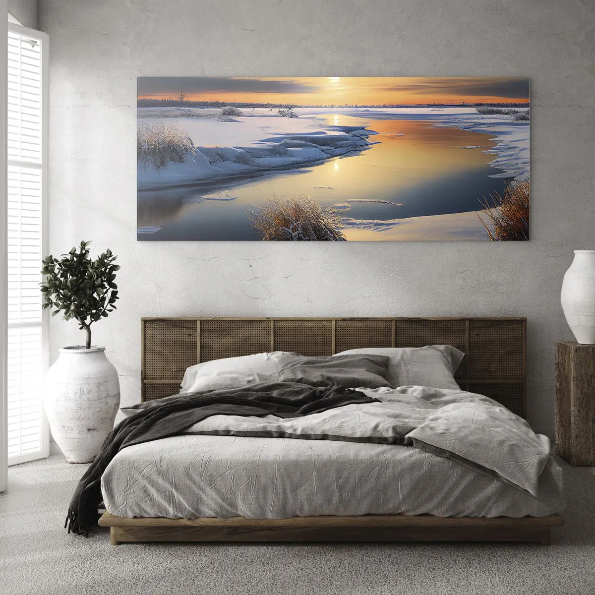 Quadro su vetro - Paesaggio invernale con un fiume al tramonto - 120x50cm - Tramonto invernale - Decorazione murale moderna per soggiorno e camera da letto ARTTOR