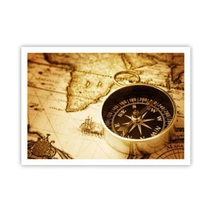 Poster - Una bussola antica sullo sfondo di una vecchia mappa del mondo - 100x70cm - A est o a ovest? - Decorazione murale moderna per soggiorno e camera da letto ARTTOR