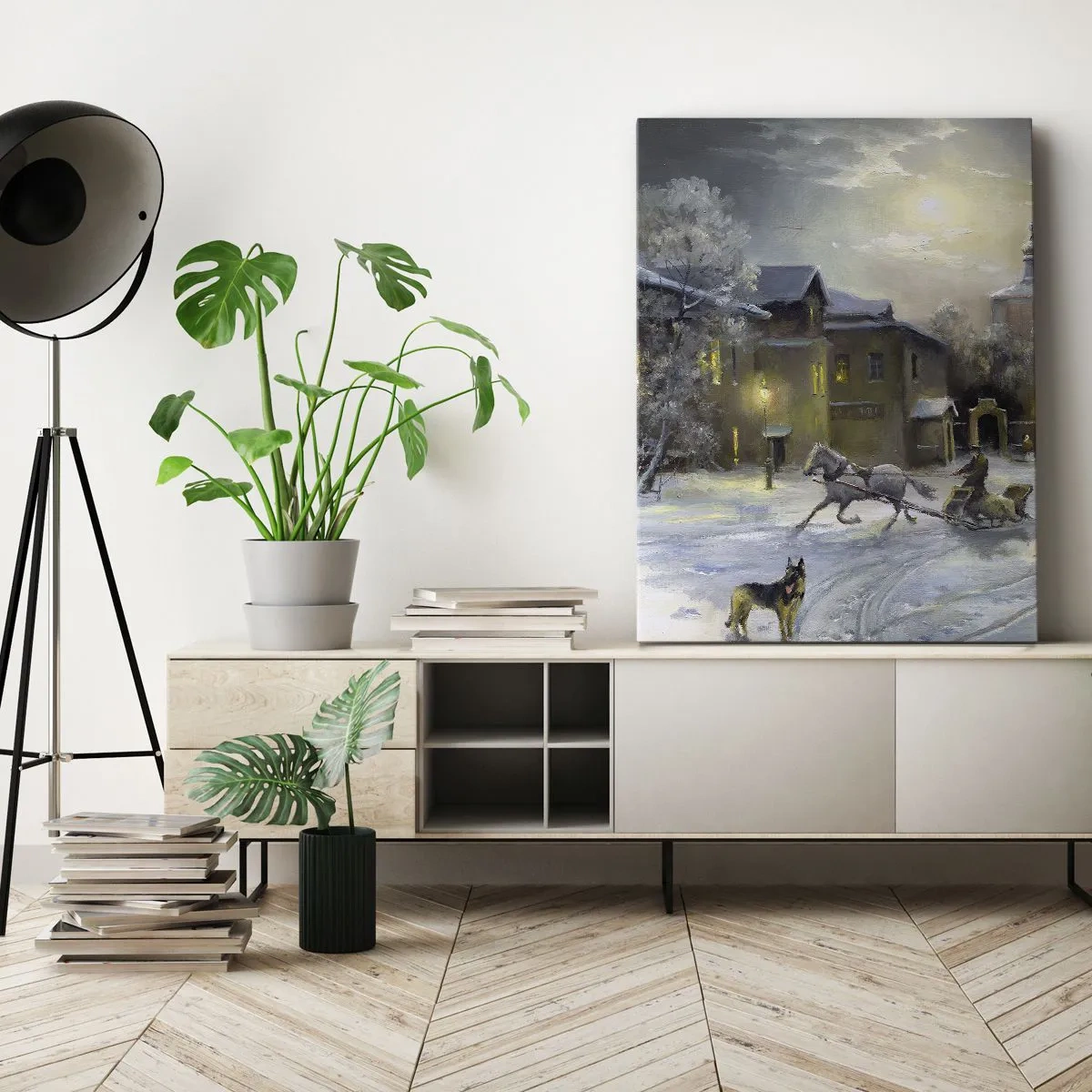 Quadro su tela - Stampe su Tela - Paesaggio invernale in una città russa con una slitta e una chiesa - 50x70cm - La magia dell'inverno russo - Decorazione murale moderna per soggiorno e camera da letto ARTTOR